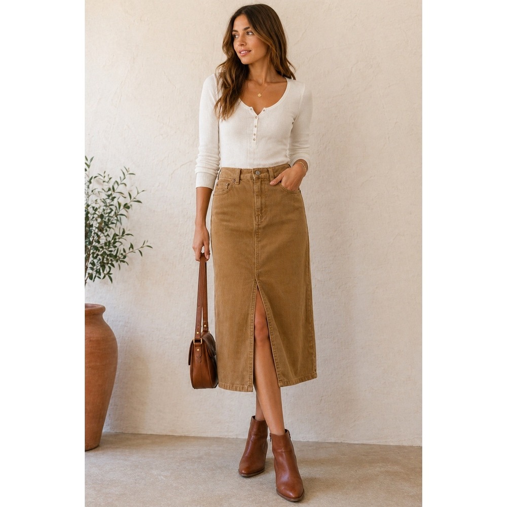 Gap Corduroy Midi Skirt Womens 4 Brown Tan Front Slit Cotton Casual Y2K